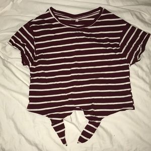 Maroon and white striped tie front tee